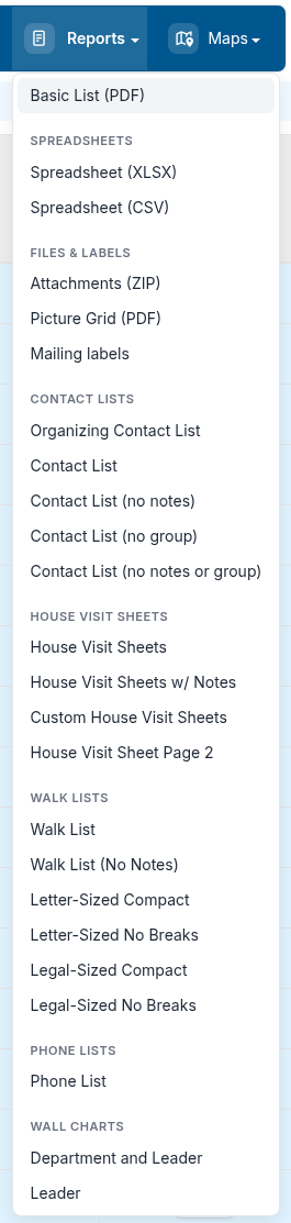 Reports dropdown menu showing Basic List PDF and other report options