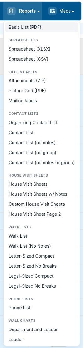 Reports dropdown menu showing Basic List PDF and other report options
