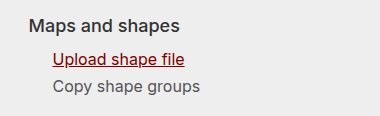 Maps and shapes section of the Project settings page with Upload shape file highlighted