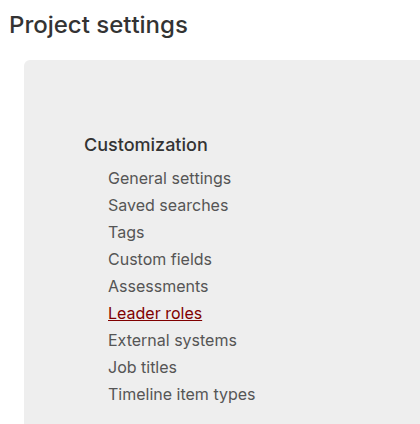 Project settings page with Leader roles highlighted under Customization