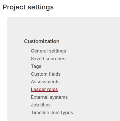 Project settings page with Leader roles highlighted under Customization