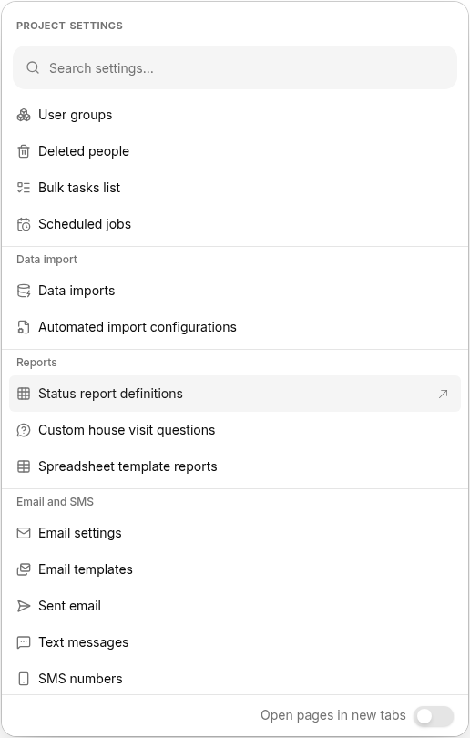 Project settings dialog with Status report definitions selected under Reports