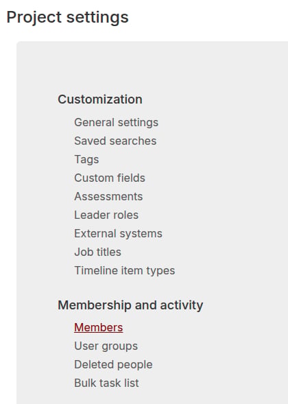 Project settings page with Members highlighted under Membership and activity
