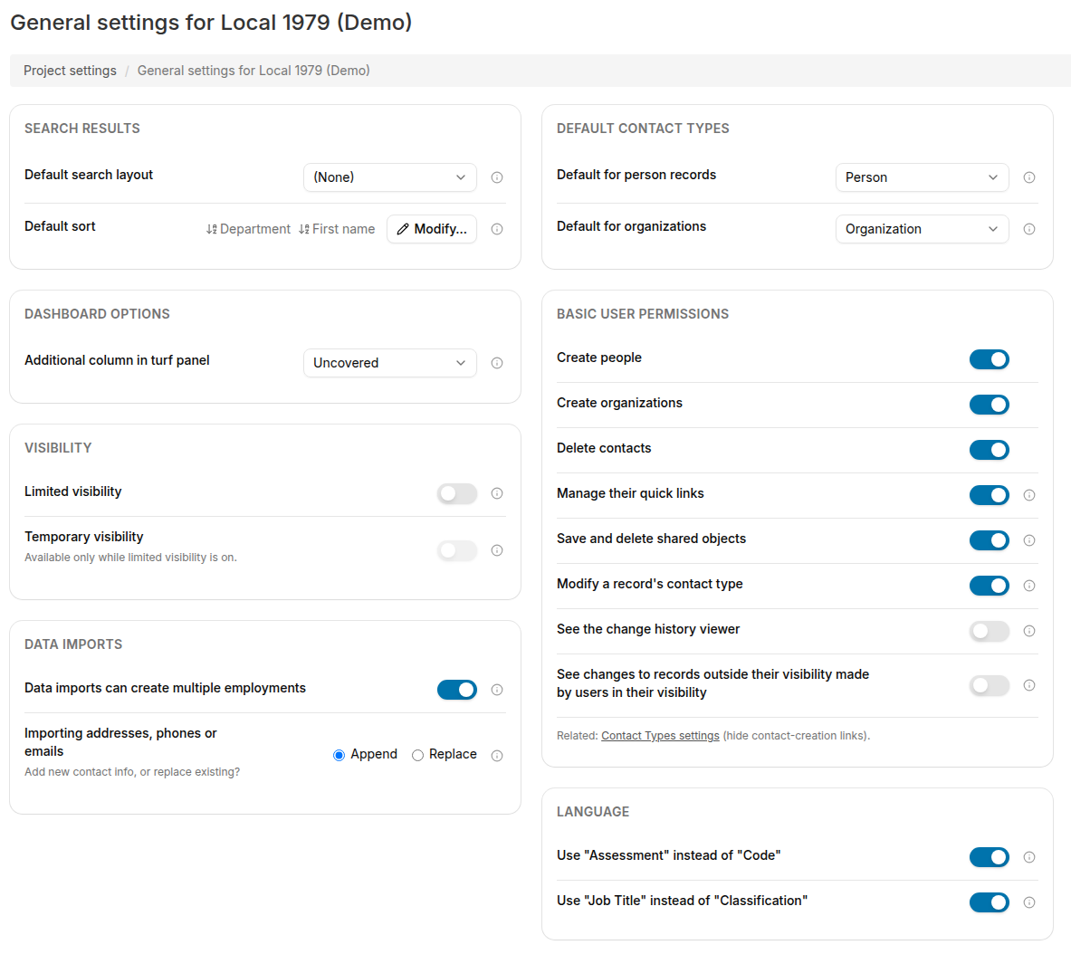 General settings page organized into cards