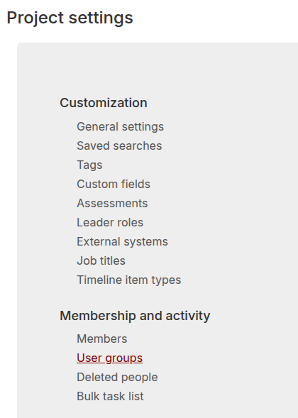 Project settings page with User groups highlighted under Membership and activity