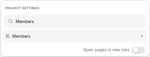 Project settings dialog filtered on Members, showing the Members item