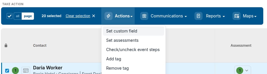 Actions menu on the search results toolbar with Set custom field highlighted