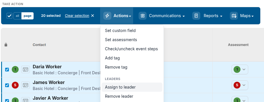 Actions menu with Assign to leader highlighted under the Leaders heading