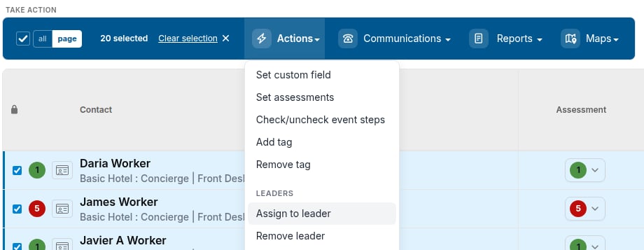 Actions menu with Assign to leader highlighted under the Leaders heading