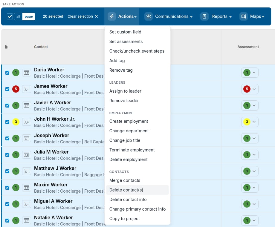 Full Actions menu with Delete contact(s) highlighted under the Contacts heading
