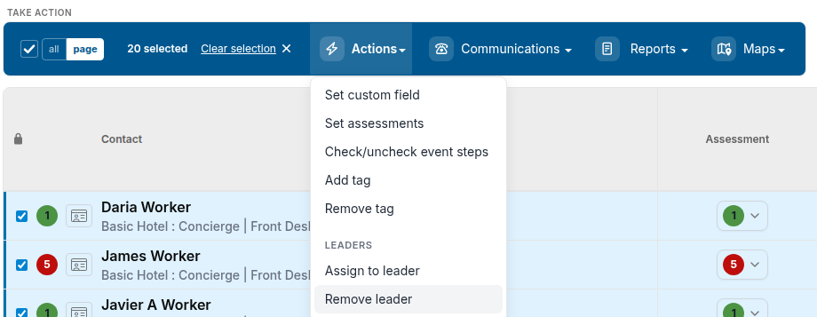Actions menu with Remove leader highlighted under the Leaders heading
