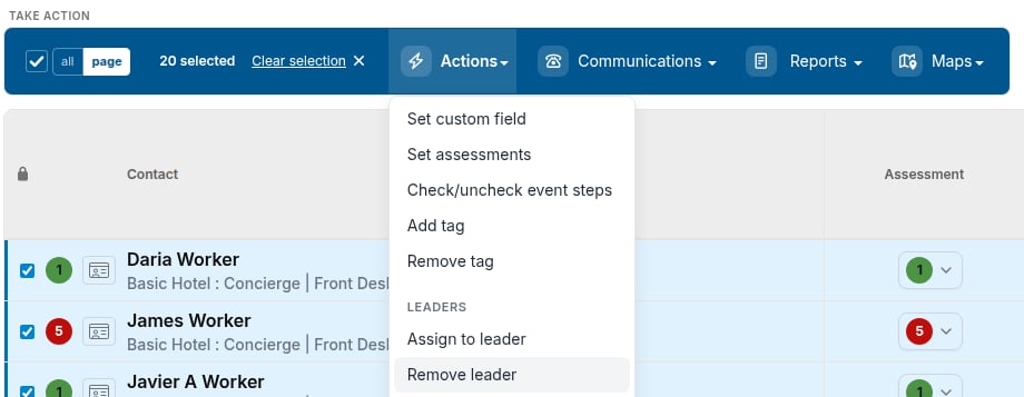 Actions menu with Remove leader highlighted under the Leaders heading