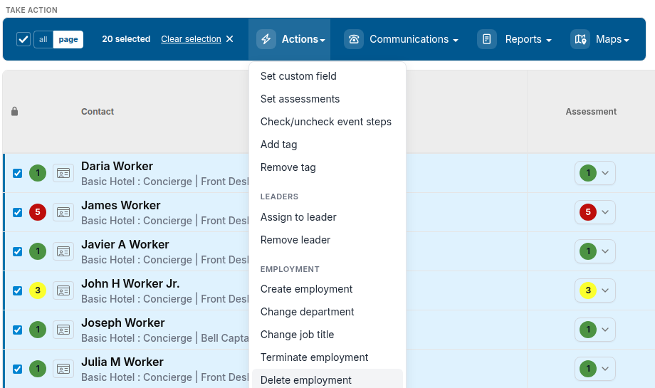 Actions menu with Delete employment highlighted under the Employment heading