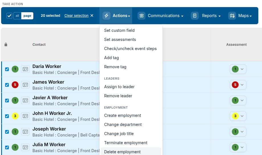 Actions menu with Delete employment highlighted under the Employment heading