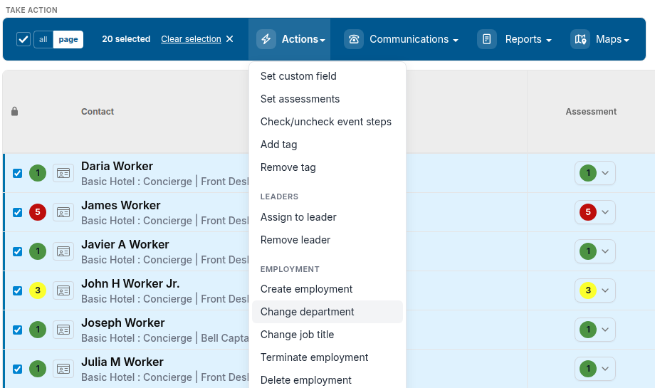 Actions menu with Change department highlighted under the Employment heading