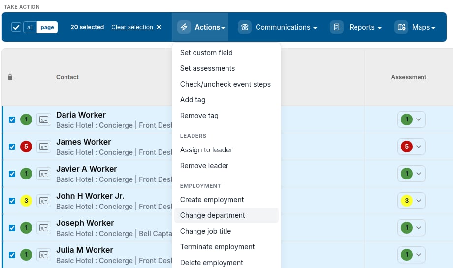 Actions menu with Change department highlighted under the Employment heading