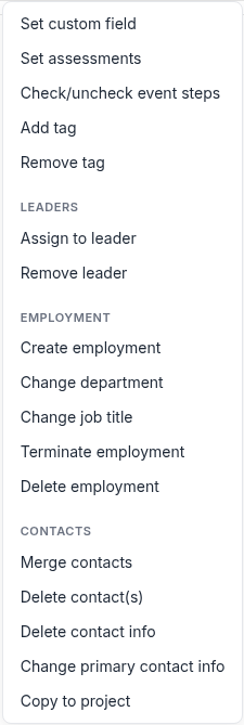 Actions menu showing the Employment group: Create employment, Change department, Change job title, Terminate employment, and Delete employment