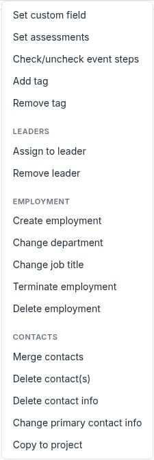 Actions menu showing the Employment group: Create employment, Change department, Change job title, Terminate employment, and Delete employment