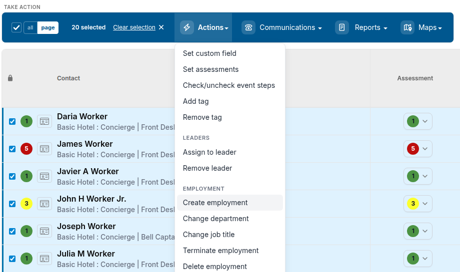 Actions menu with Create employment highlighted under the Employment heading