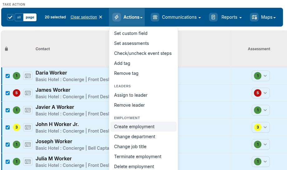 Actions menu with Create employment highlighted under the Employment heading