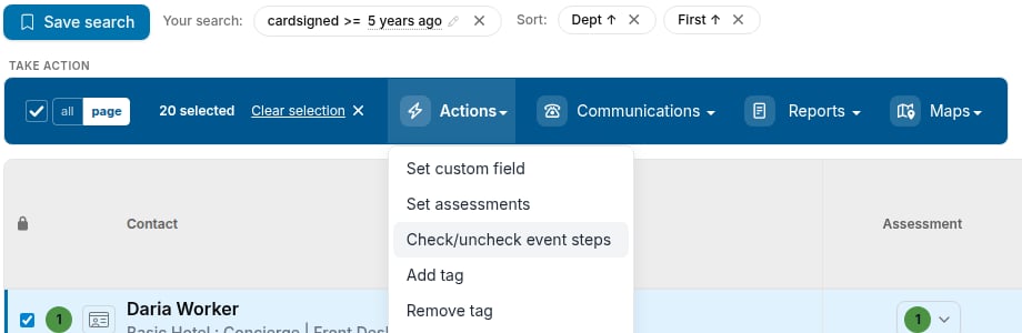 Actions menu with Check/uncheck event steps highlighted