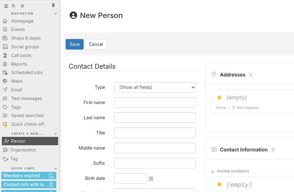 New Person page with the Person link highlighted under CREATE A NEW in the left navigation panel