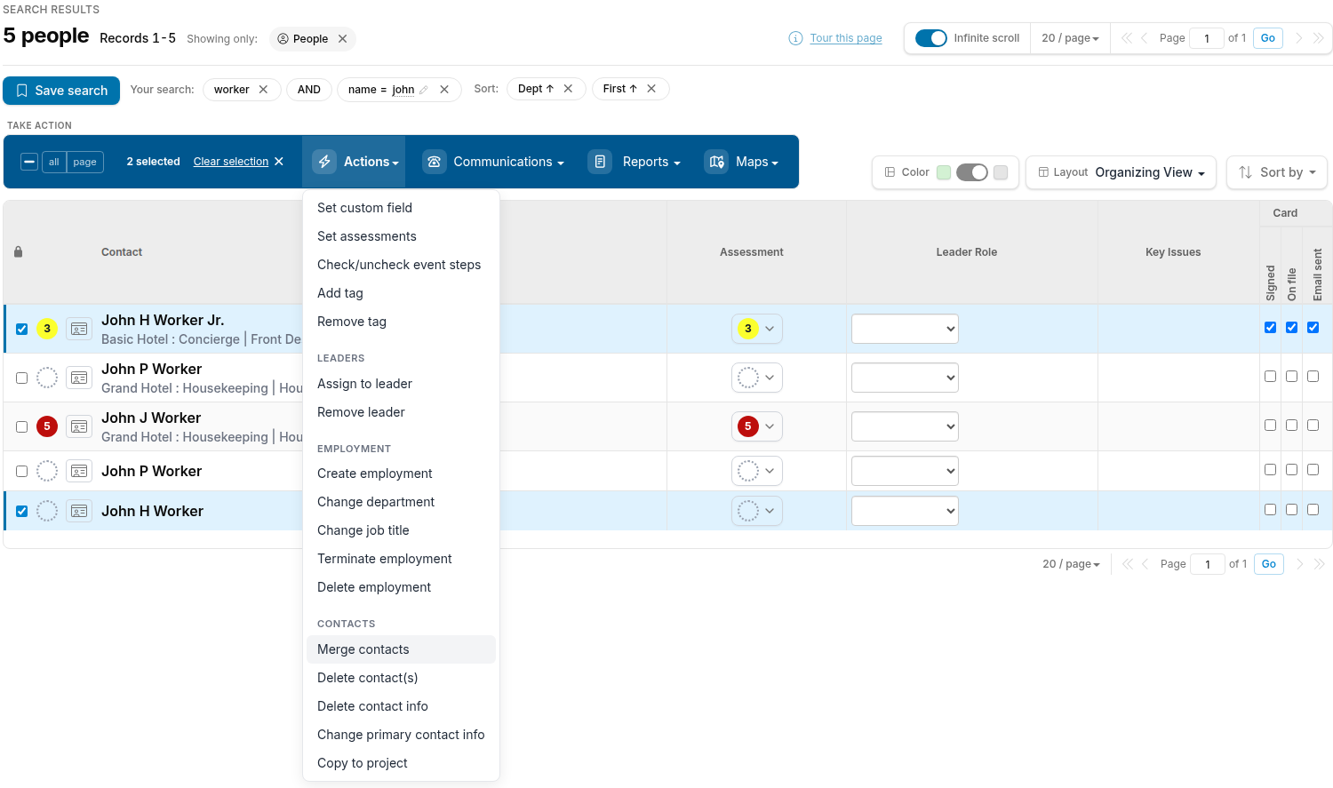 Search results with two contacts selected and the Actions menu open, Merge contacts highlighted
