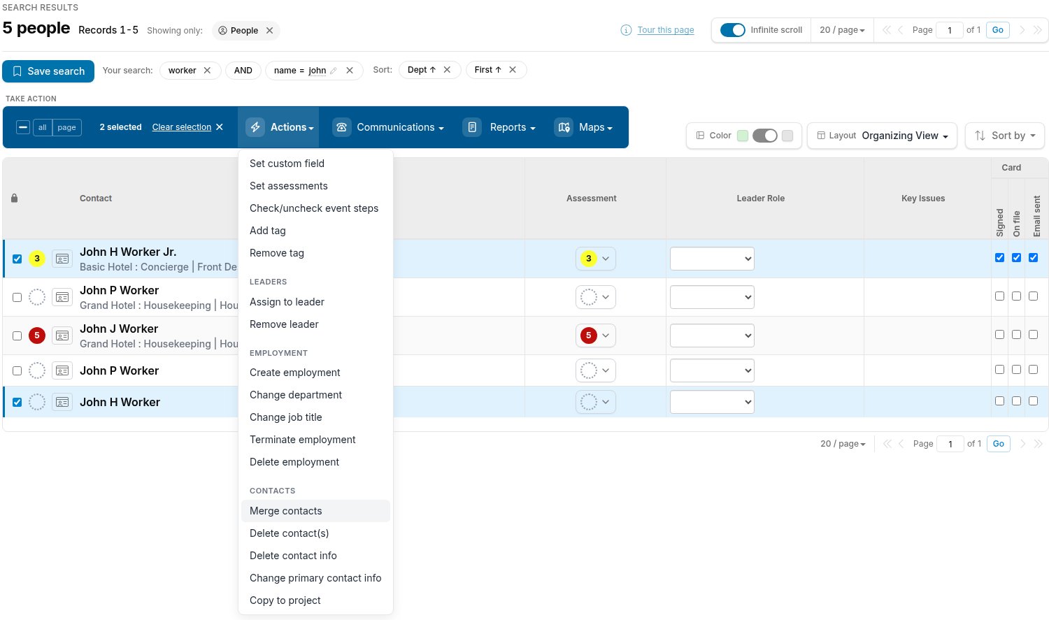 Search results with two contacts selected and the Actions menu open, Merge contacts highlighted