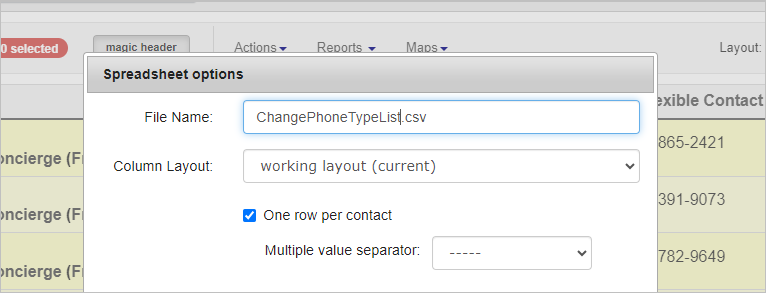 Download spreadsheet options