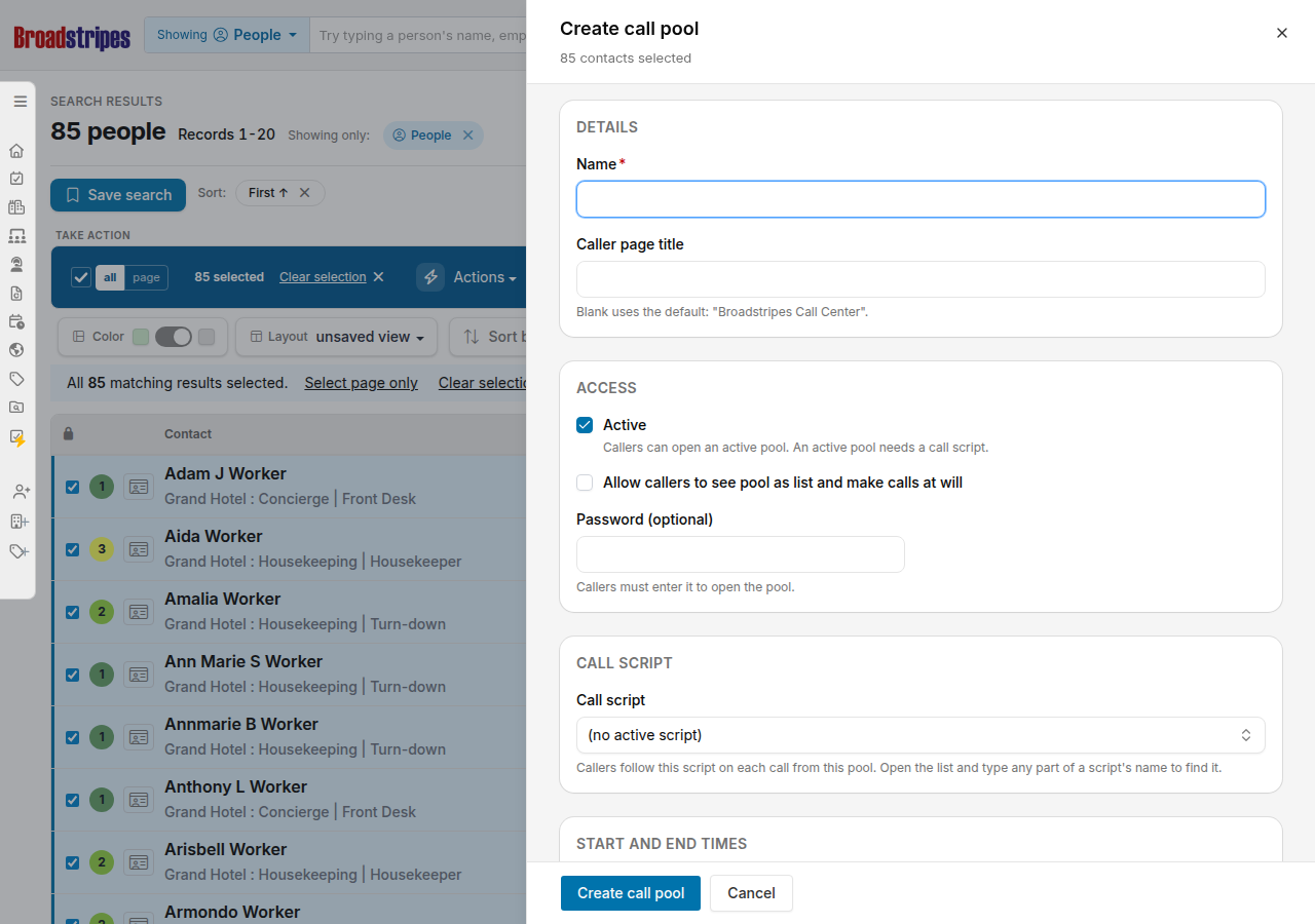 Create call pool panel on the search results page
