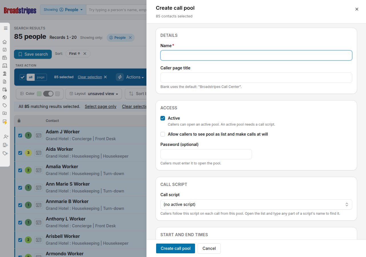 Create call pool panel on the search results page