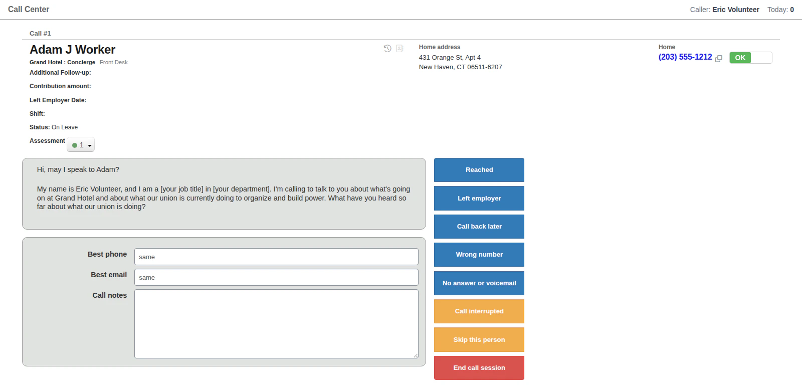 Call Center Interface