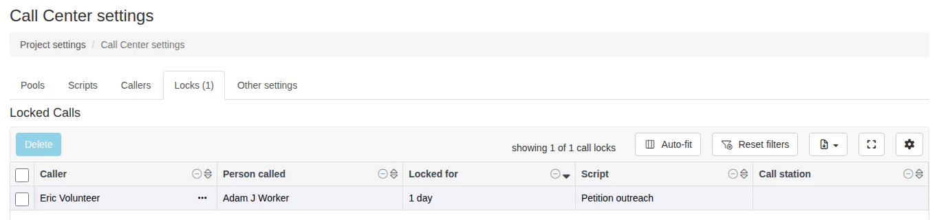 Locks tab in Call Center settings, showing a Locked Calls table with the caller name, person called, lock duration, script, and call station, plus a ••• menu next to each caller for releasing the lock