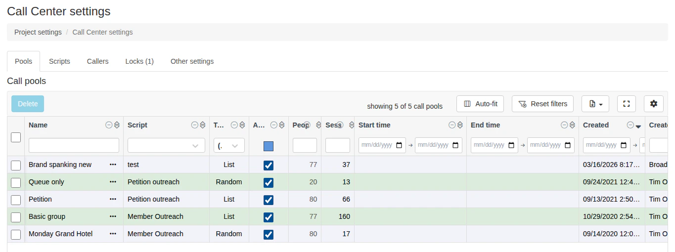 Call pools tab in Call Center settings, showing the ••• menu next to each pool name with Copy call pool link, Edit, and Delete options