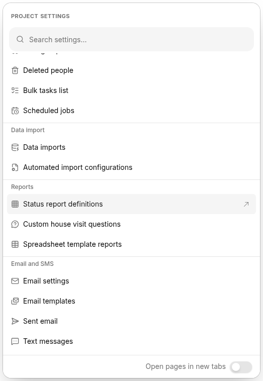 Project settings dialog with Status report definitions listed under the Reports group