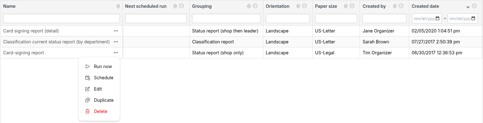 Status report definitions grid with a row actions menu open, showing Run now, Schedule, Edit, Duplicate and Delete
