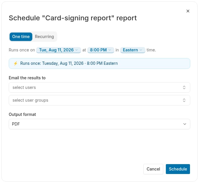 Schedule dialog on the One time tab, with clickable date, time and time zone tokens and a preview of the run time