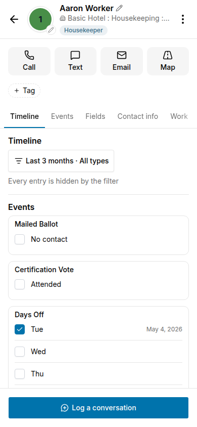Person screen with the assessment code, Call, Text, Email, and Map buttons, the Tag button, and the Timeline and Events sections