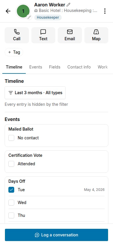 Person screen with the assessment code, Call, Text, Email, and Map buttons, the Tag button, and the Timeline and Events sections