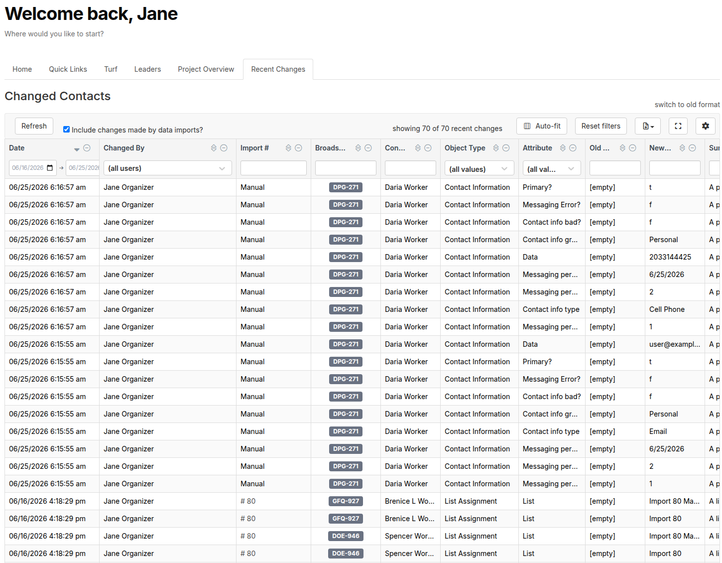 Change explorer grid on the Recent Changes tab, showing Manual and linked import-number values in the Import # column