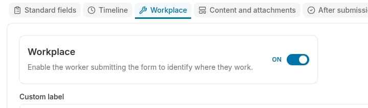Workplace card with its toggle switched on at the top of the Workplace tab
