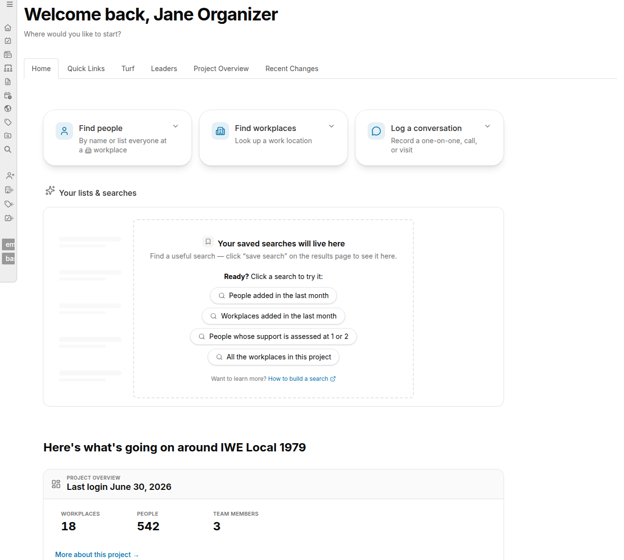 Home tab showing quick action cards and project snapshot