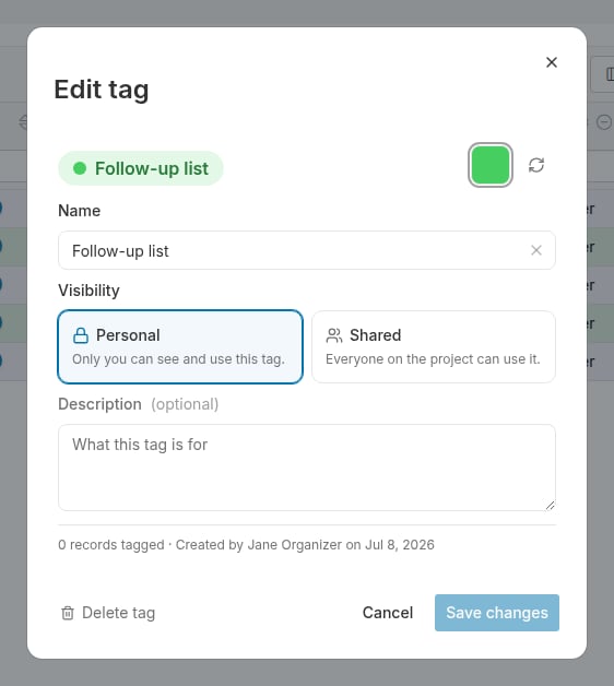 Edit tag dialog showing name, description, and visibility fields