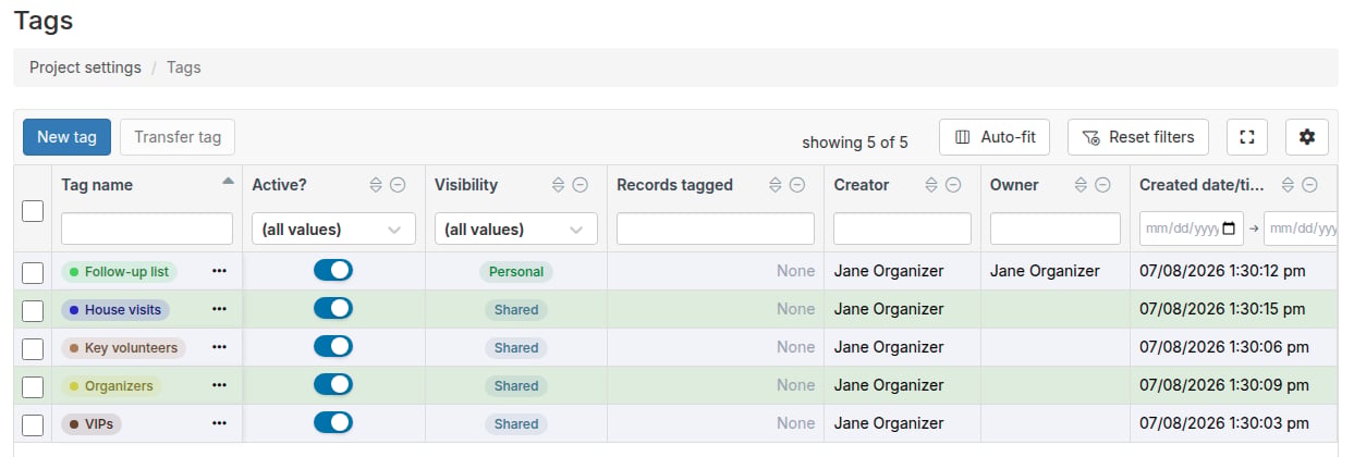 Tags page showing an interactive data grid with columns for tag name, status, visibility, records tagged, creator, owner, and created date