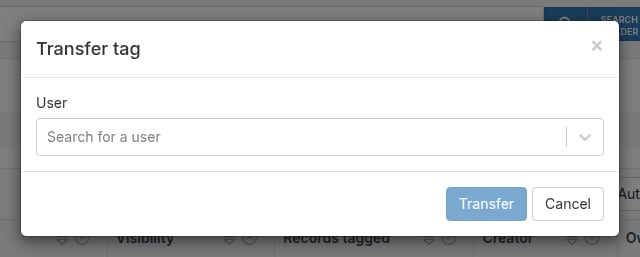 Transfer tag modal with a user search field