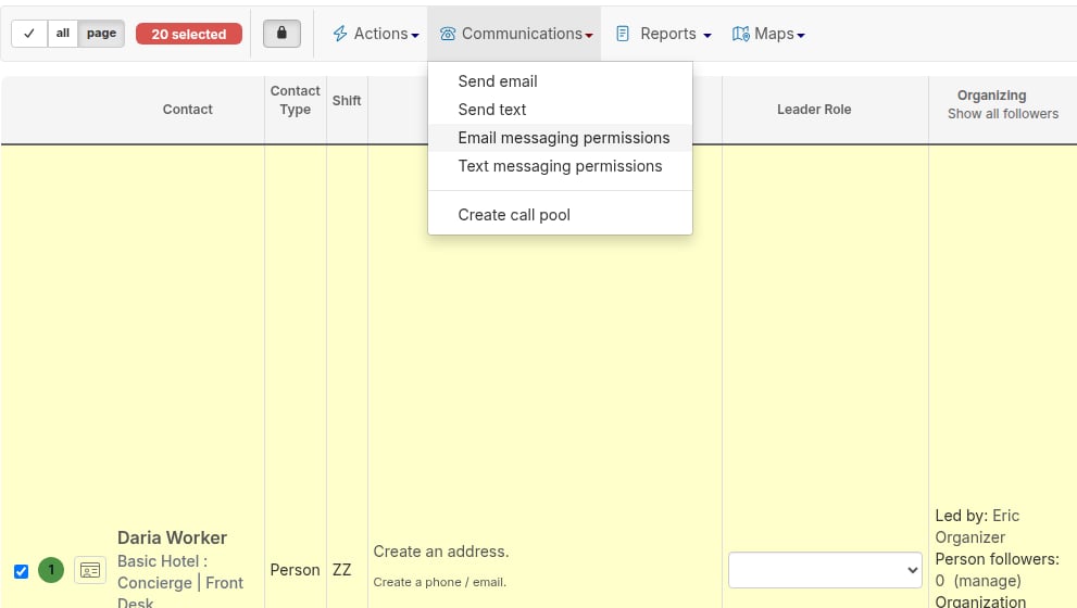 Communications menu open on the search results page with Email messaging permissions highlighted