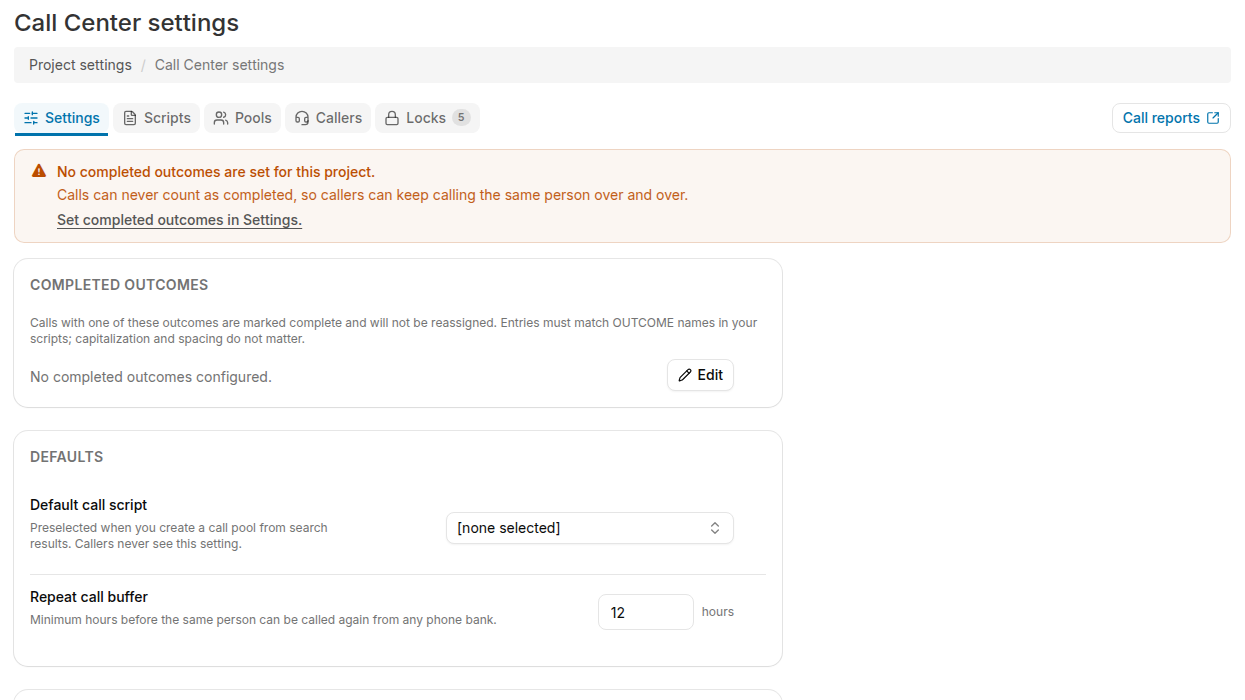 Default call script combobox and Repeat call buffer settings on the Call Center Settings tab