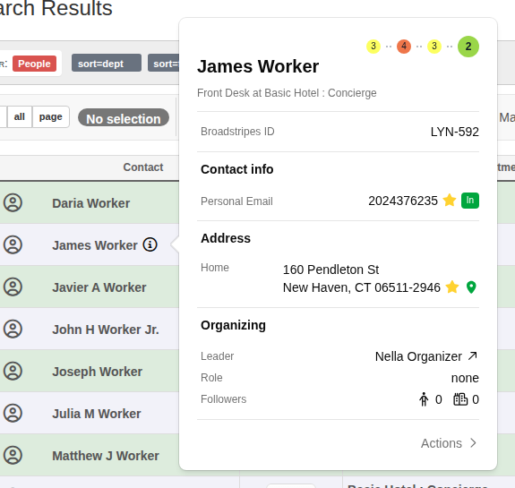 Entity info popover showing a worker's address with primary star and mapping status indicators