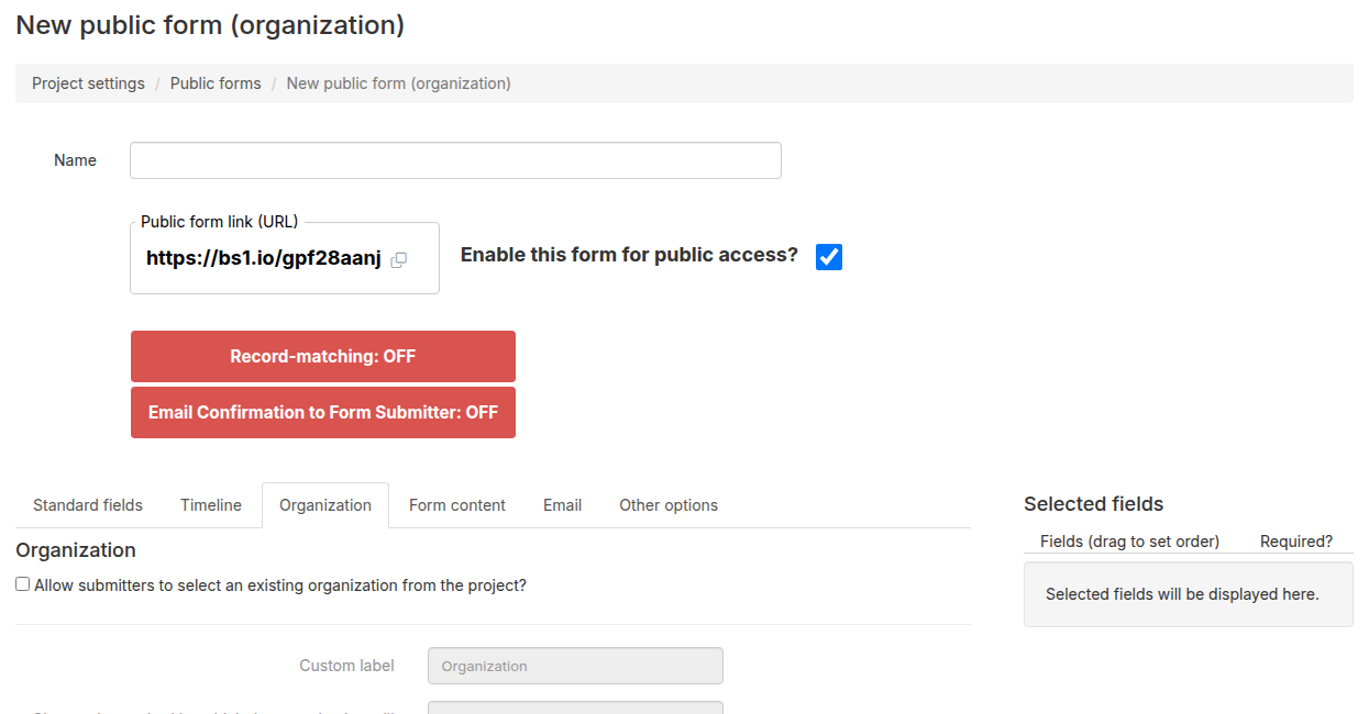 Organization tab with 'Allow submitters to select an existing organization' checkbox
