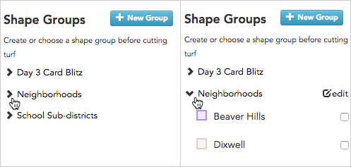 Expand a shape group: Click the caret icon (upper left image) to display the individual shapes in the group (upper right image).